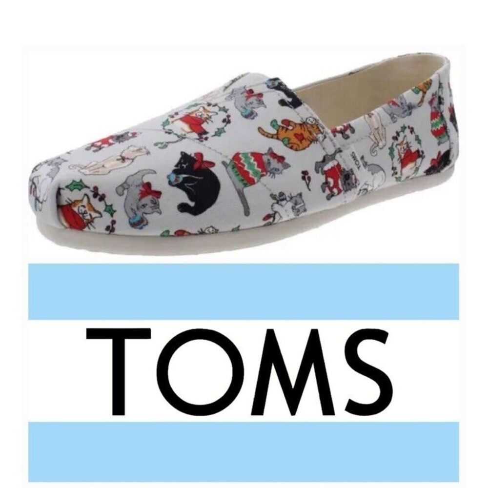 Toms  Christmas Holiday Cats Belmont Shoes Gray Flats  Women's Size 7.5  New‎